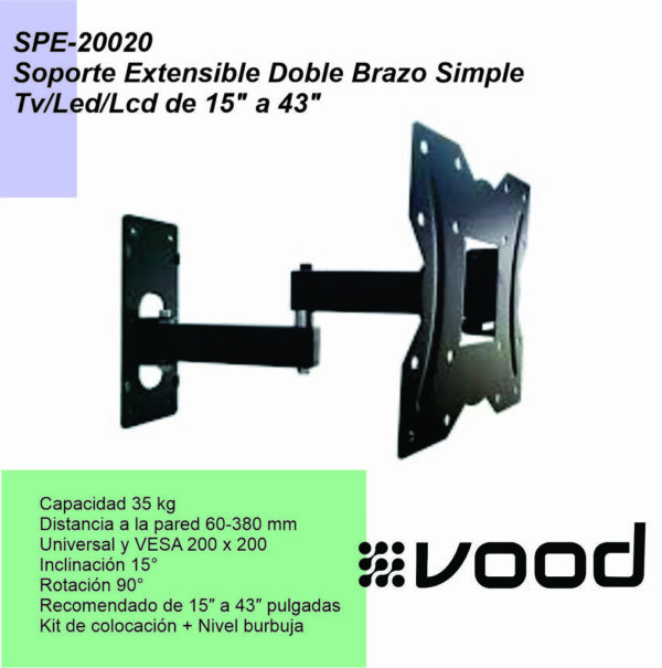 Soporte TV extensible VOOD Brazo Simple 15”-42” cod.20020
