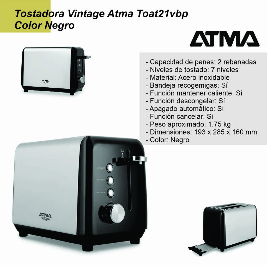 Tostadora Vintage Atma Toat21vbp Base Antideslizante Acero