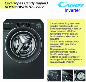 Lavarropas Rapido CANDY carga frontal 9kg RO1696DWHC7R-12 Inverter