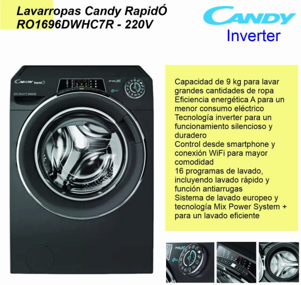 Lavarropas Rapido CANDY carga frontal 9kg RO1696DWHC7R-12 Inverter