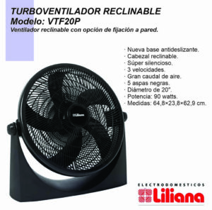Turbo Ventilador Reclinable LILIANA 20” 5 ASPAS NEGRAS VVTF20P