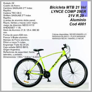 Bicicleta MTB ”LYNCE COMP 29ER” 21V ALUM.DISCO SHIMANO cod.4001 FUTURA