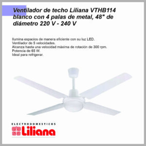 Ventilador de techo LILIANA – 4 ASPAS CHAPA REG PARED 5 VEL 1,20 – VVTHB114