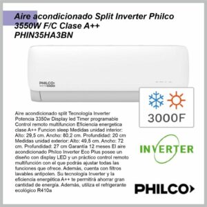 Aire Acondicionado PHILCO Inverter 3550w F/C Clase A++ PHIN35HA3BN