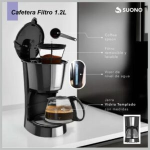 Cafetera SUONO filtro 1,2lts vidrio negro HOG0158
