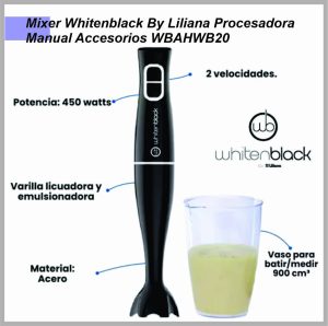 Procesadora manual LILIANA whitenblack 450w 2 vel. Vaso medidor 900ml WBAHWB20