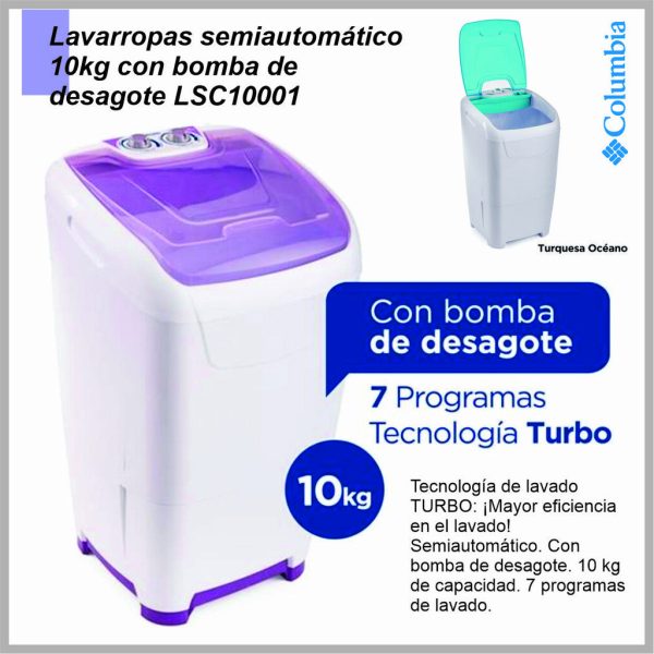Lavarropas COLUMBIA turquesa LSC10001 10KG con bomba desague