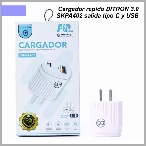 Cargador rapido DITRON 3.0 SKPA402 salida tipo C y USB