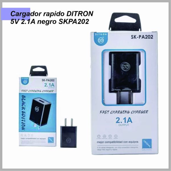 Cargador rapido DITRON 5V 2.1A  salida USB negro SKPA202