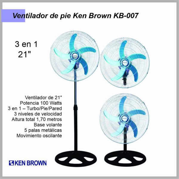Ventilador 21'' KENBROWN 100W 3 en 1 Pie - Turbo - Pared KB-007