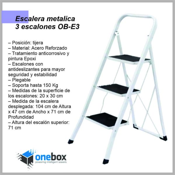 Escalera metalica reforzada plegable ONEBOX 3 escalones 150kg OB-E3