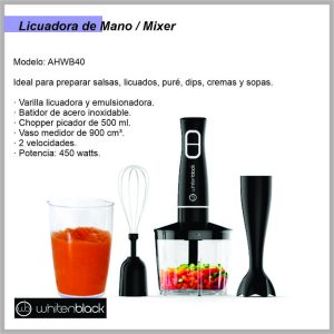 Procesadora manual LILIANA whitenblack 450w 2 vel. Vaso medidor batid whisk WBAHWB40