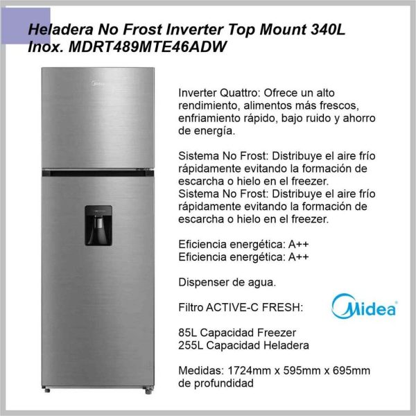 Heladera Top Mount MIDEA NF inox MDRT489MTE46ADW 340L - No Frost