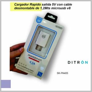 Cargador Rapido salida 5V con cable desmontable de 1,2Mts microusb v8 DITRON SKPA405