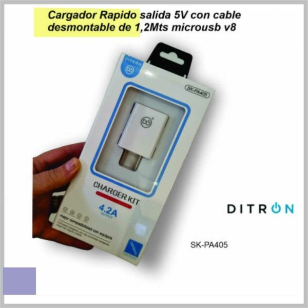 Cargador Rapido salida 5V con cable desmontable de 1,2Mts microusb v8 DITRON SKPA405