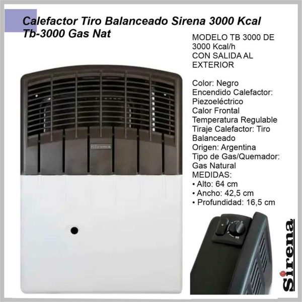 Calefactor tiro balanceado SIRENA  3000KCAL TB-3000