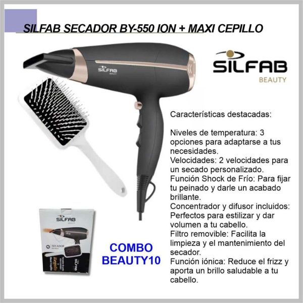 Combo Beauty SILFAB secador de pelo BY-550 + Maxi cepillo COMBOBEAUTY10