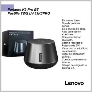Parlante K3 PRO negro bluetooth pastilla tws LV-53K3PRO-NE LENOVO