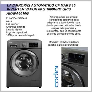 Lavarropas automatico CODINI mars 15 inv. Vapor 6kg ANAFA6010G