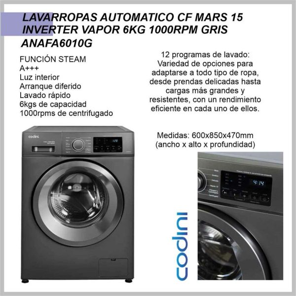 Lavarropas automatico CODINI mars 15 inv. Vapor 6kg ANAFA6010G