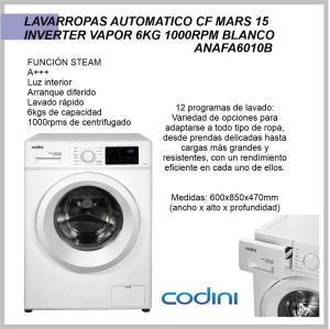 Lavarropas automatico CODINI mars 15 inv. Vapor 6kg ANAFA6010B