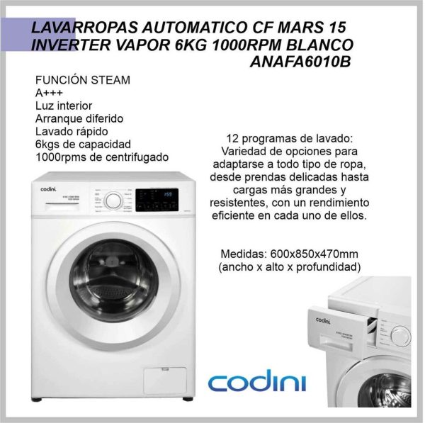 Lavarropas automatico CODINI mars 15 inv. Vapor 6kg ANAFA6010B