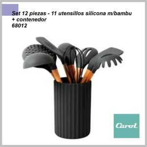 Set 12 pzas CAROL 11 utensillos de silicona M/bambú + contenedor 6555/68012