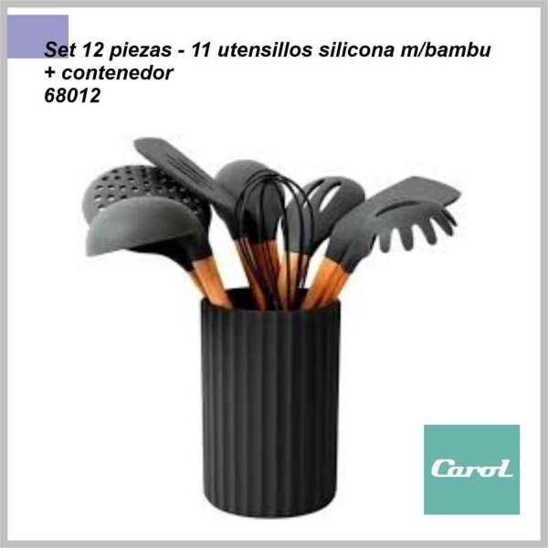 Set 12 pzas CAROL 11 utensillos de silicona M/bambú + contenedor 6555/68012 - Image 2