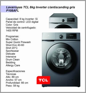 Lavarropas TCL  8kg Inverter c/antiscanding gris P108AFL